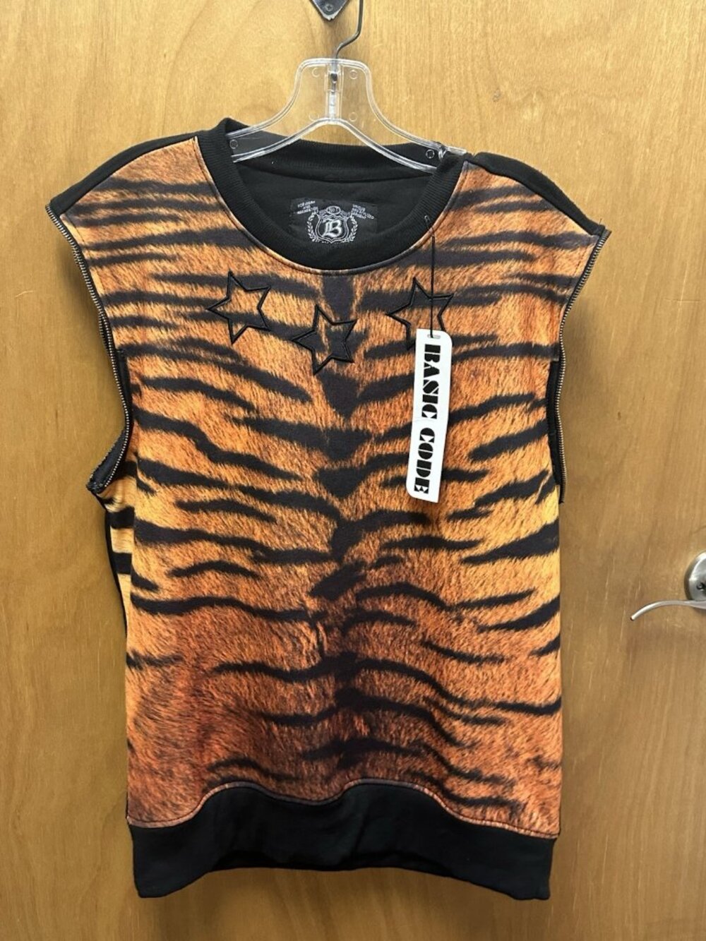 Basic Code Men’s Medium Tiger Print Sleeveless Sweatshirt Zipper Rocker Punk